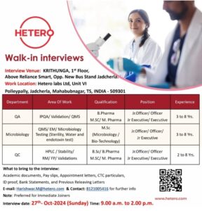 Hetero Labs Job Openings Walk-in Interview