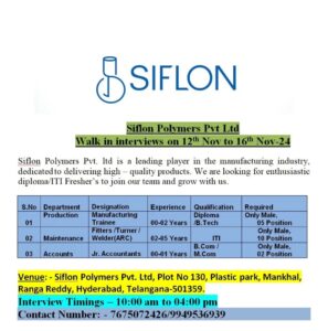 Siflon Polymers Pvt Ltd Job Opening Walk-In Interview