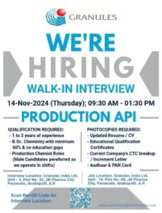 Granules India Ltd Job Opening Walk-In Interview for Production Chemists