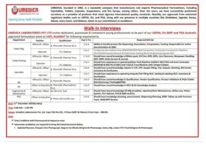 Umedica Laboratories Walk-In Interviews for QA, QC, Production, Packing, and More