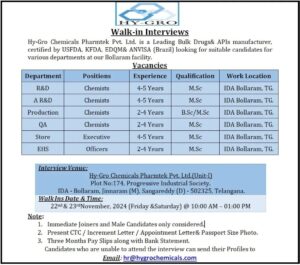 Walk-in interviews at Hy-Gro Chemicals for R&D, QA, Production, and more in Telangana.