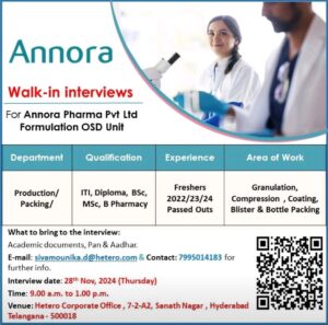 Annora Pharma Walk-In Job Openings for Freshers in Production & Packing