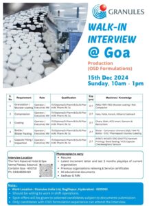 Granules India Job Openings - Walk-in Interview for OSD Formulations Roles