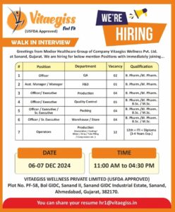 Vitaegiss Wellness Pvt.Ltd. job openings for QA, F&D, Production, and more