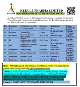 Kekule Pharma Limited Job Openings Walk-In Interviews 2025