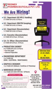 Rednex Pharma Walk-In Interviews | QC, QA, Production & Engineering | 31st Jan - 5th Feb