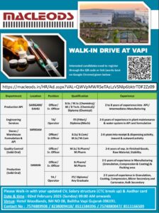 Macleods Pharmaceuticals job openings for multiple departments.