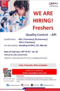 MSN Laboratories Freshers Job Opening in Quality Control