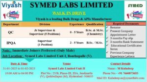 Symed Labs Walk-In Drive 2025 for QC & IPQA Jobs