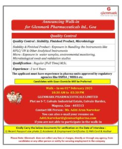 Glenmark Pharmaceuticals Walk-In Interview for Quality Control in Goa