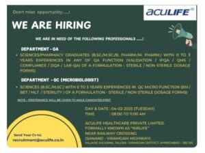 Aculife Healthcare job openings for QA and QC departments.