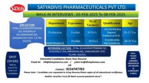 Satyadivis Pharmaceuticals walk-in interviews for freshers in production and maintenance