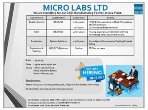 Job Opening at Micro Labs for Quality Control, AQA, Production, Packing – Apply Now