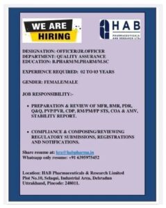 Only Job Opening at HAB Pharmaceuticals – QA Hiring
