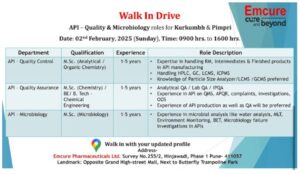 Emcure Pharmaceuticals Walk-In Drive for API Quality & Microbiology Jobs