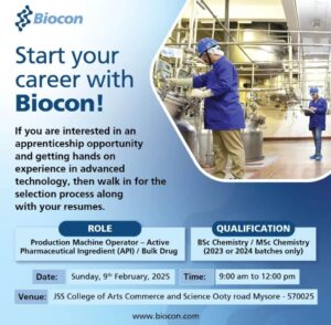 Biocon job opening for Chemistry Graduates in API Production