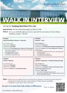 Sudeep Nutrition Walk-In Interview for Production Jobs – Hiring ITI, Diploma, B.Sc, M.Sc, B.Pharma, B.Tech Candidates