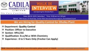 Cadila Pharmaceuticals Job Opening – Quality Control (B.Sc/M.Sc) Walk-In Interview