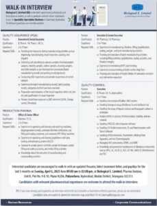 Job Openings at Biological E. Limited | Pharma Jobs | Walk-in on April 6