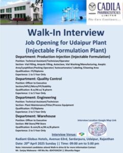 Job Opening at Cadila Pharmaceuticals – pharma jobs