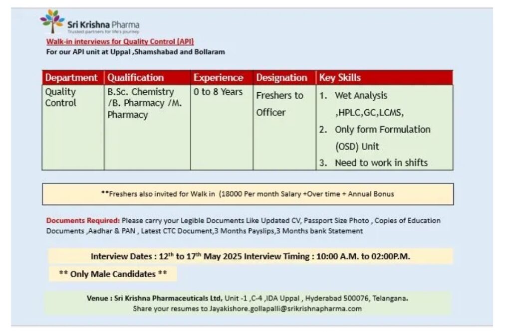 Sri Krishna Pharmaceuticals pharma jobs