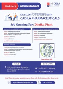 Cadila pharma jobs Walk-In for ITI/Diploma