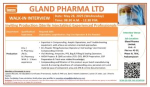 pharma jobs at Gland Pharma