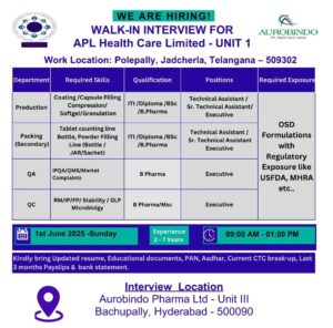 Job opening at Aurobindo Pharma with pharma jobs opportunity