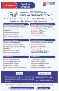Job Opening at Cadila Pharmaceuticals