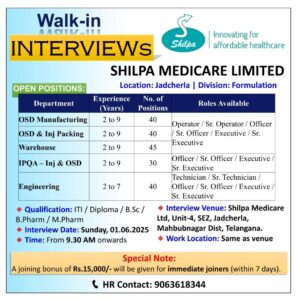 Shilpa Medicare pharma jobs