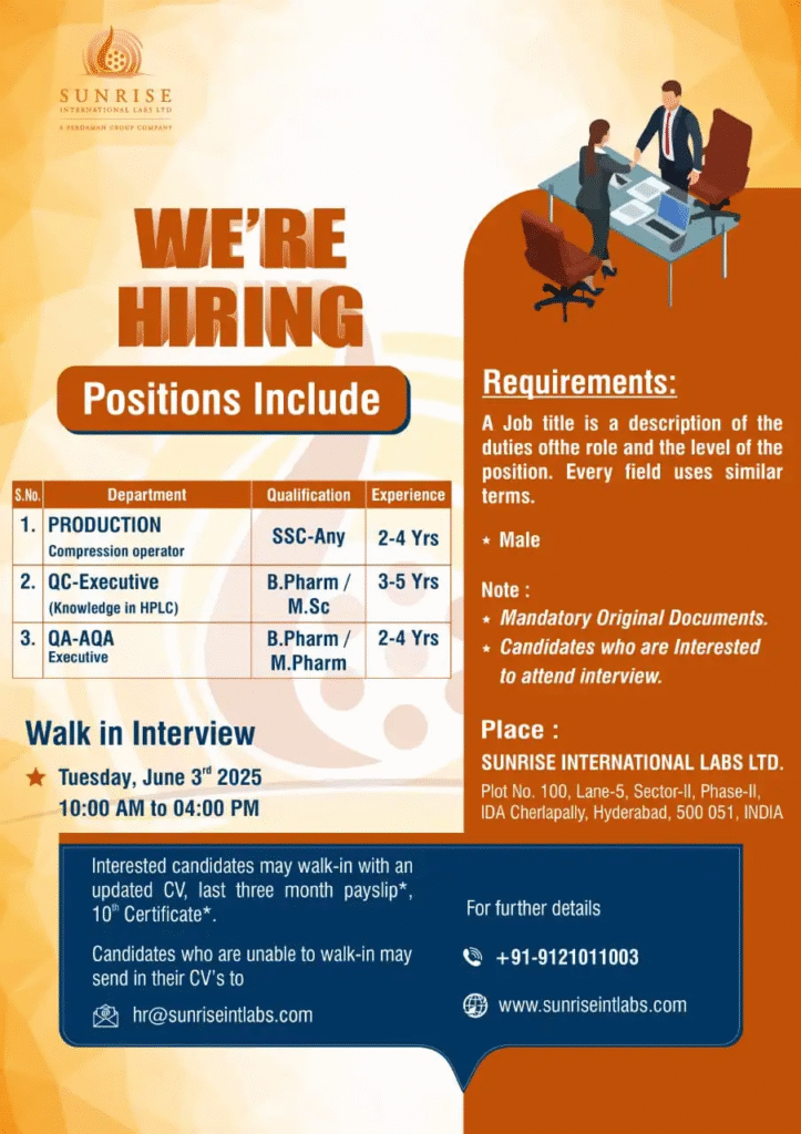 Sunrise International Labs pharma jobs hiring update