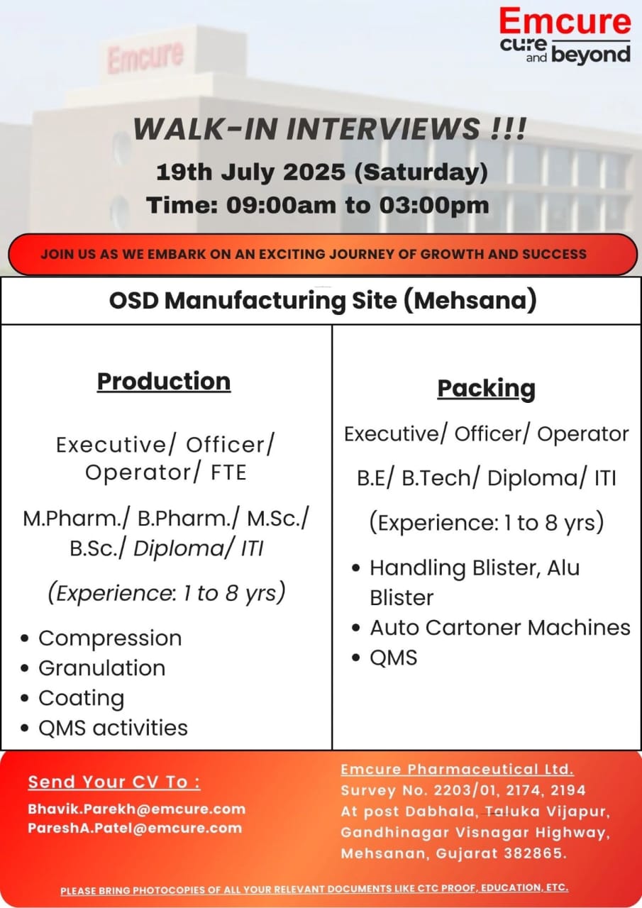 Emcure pharma jobs Walk-In for Production & Packing – July 19