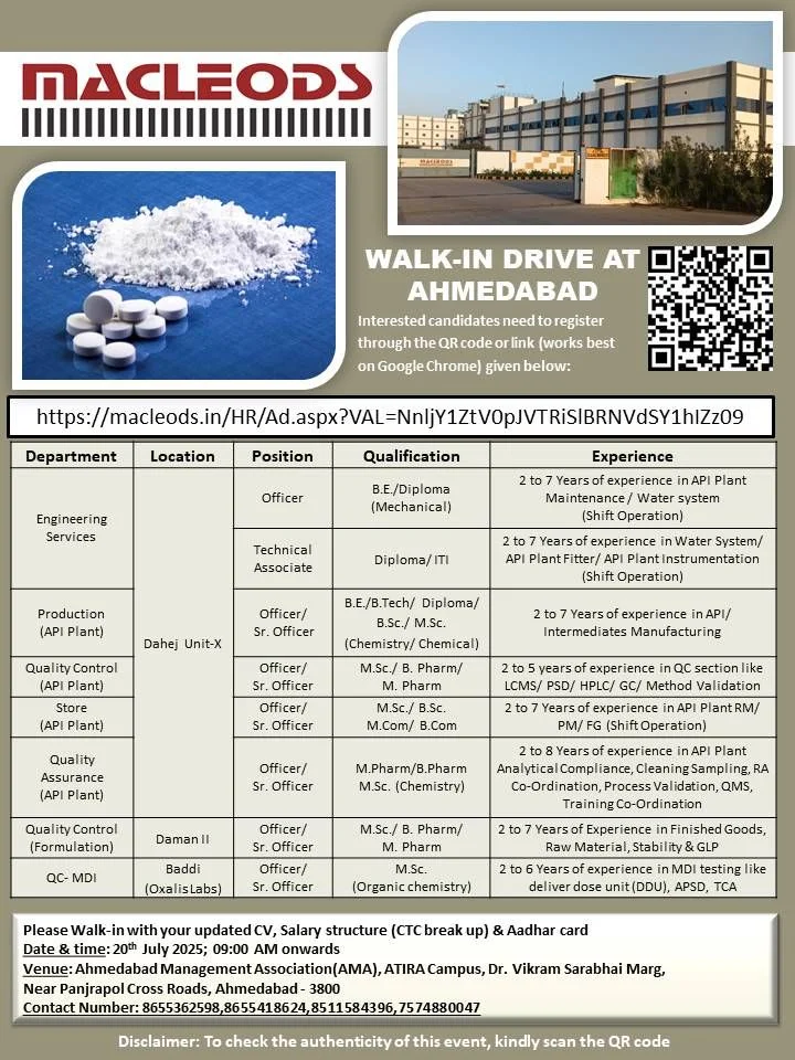 Macleods Pharma Jobs Walk-in