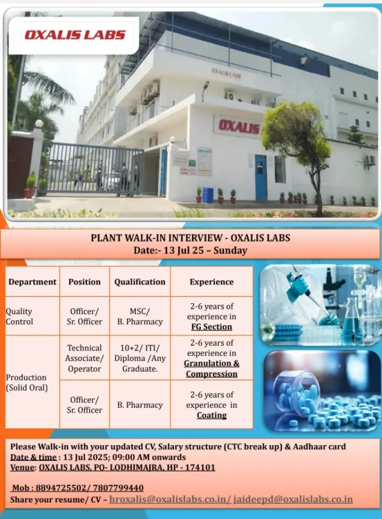 Oxalis Labs pharma jobs Opening