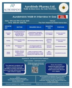 Job opening Aurobindo pharma jobs