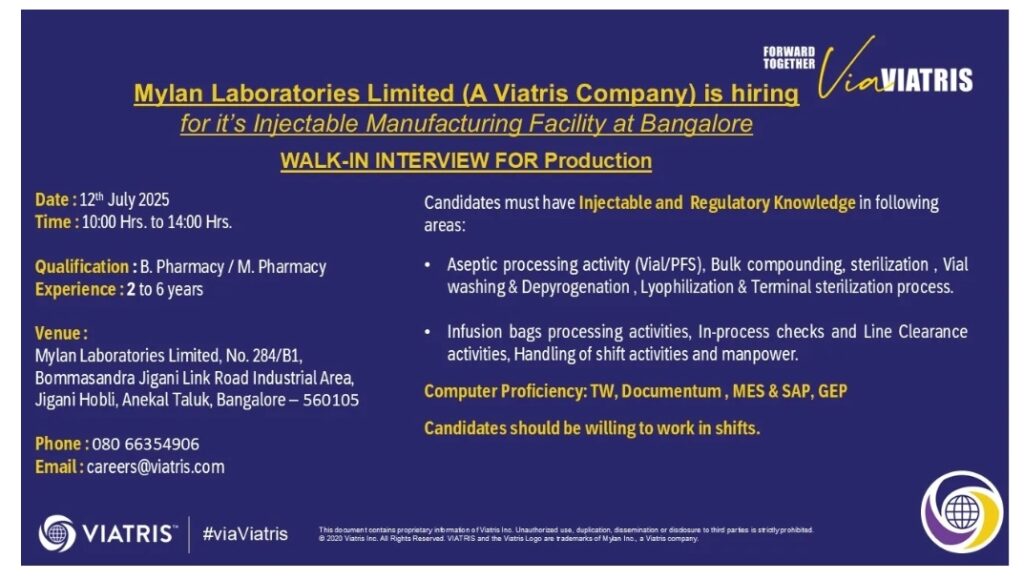 Job Opening at Mylan Laboratories pharma job