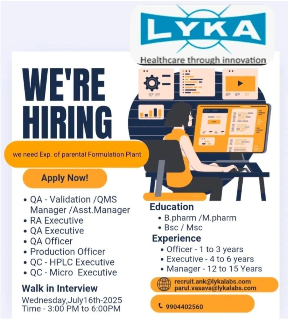 Lyka Labs Pharma Jobs Hiring Walk-in July 16th