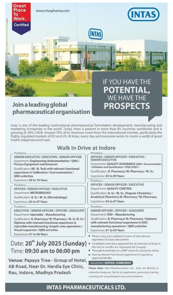 Intas pharma jobs Hiring