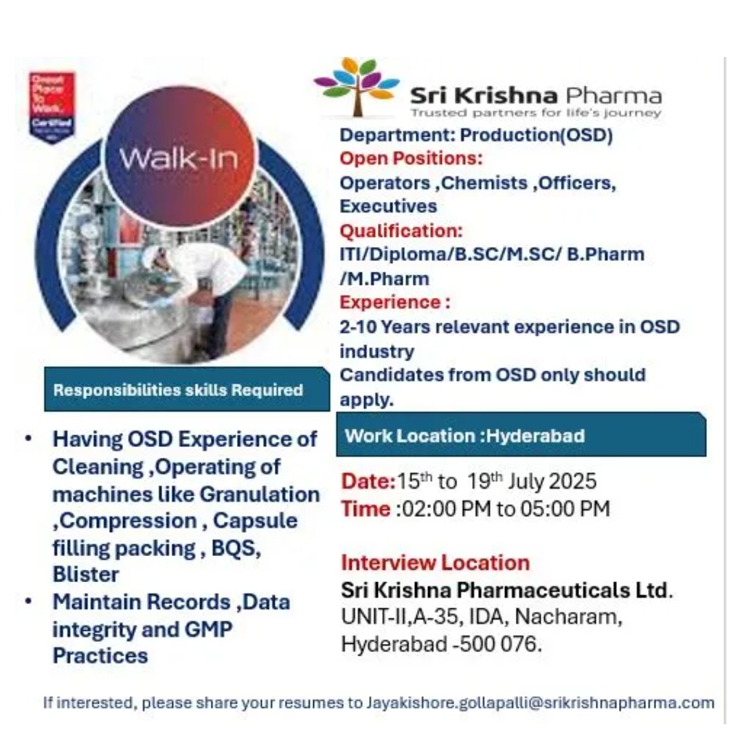 Sri Krishna Pharma Job Openings – Production pharma jobs 2025