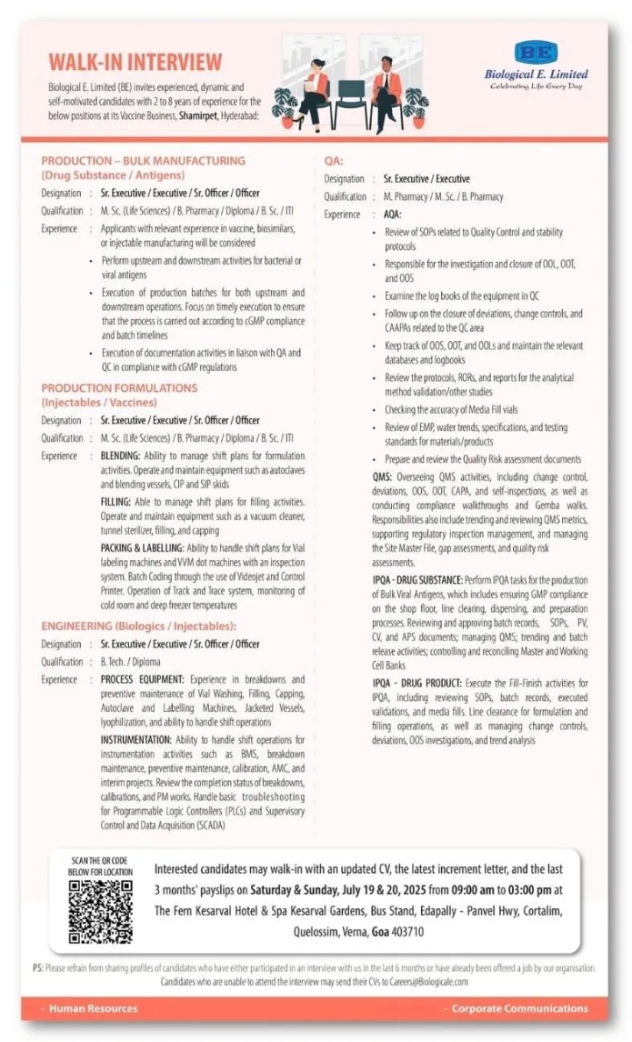 Biological E pharma jobs – Walk-In for QA Production Roles July 2025