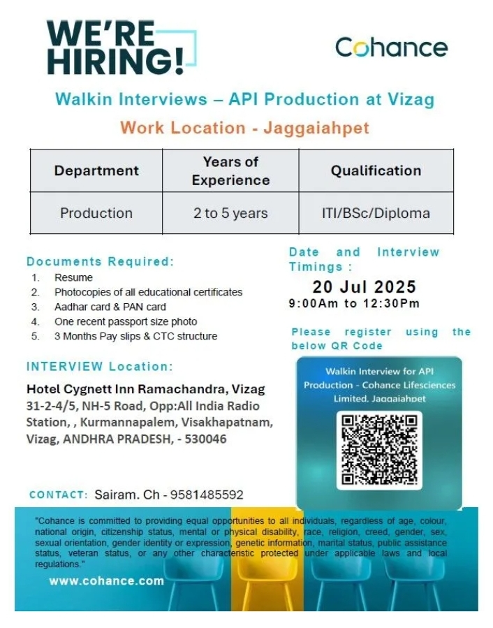 Cohance Lifesciences hiring for API pharma jobs – 20th July 2025 Walk-In at Vizag