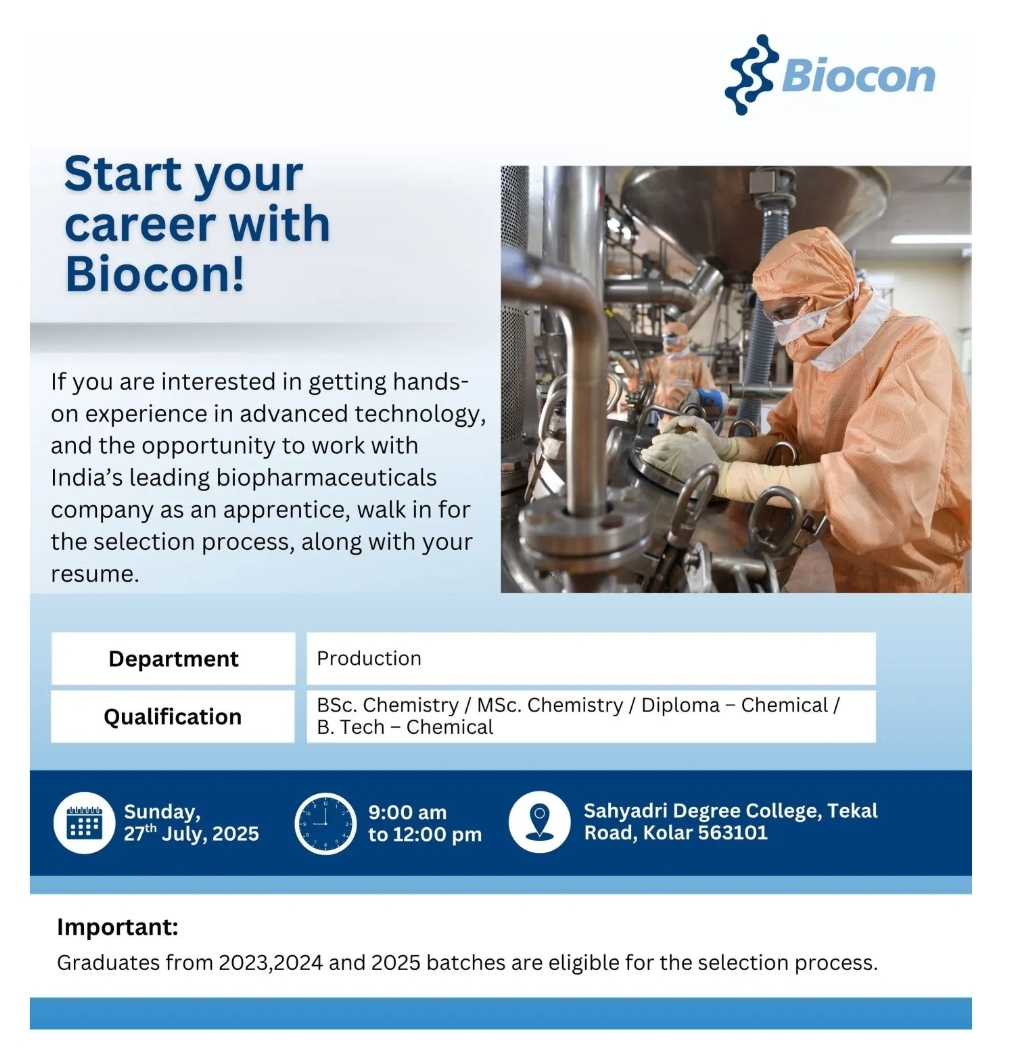 Biocon is hiring freshers – pharma jobs for BSc/MSc Chemistry graduates