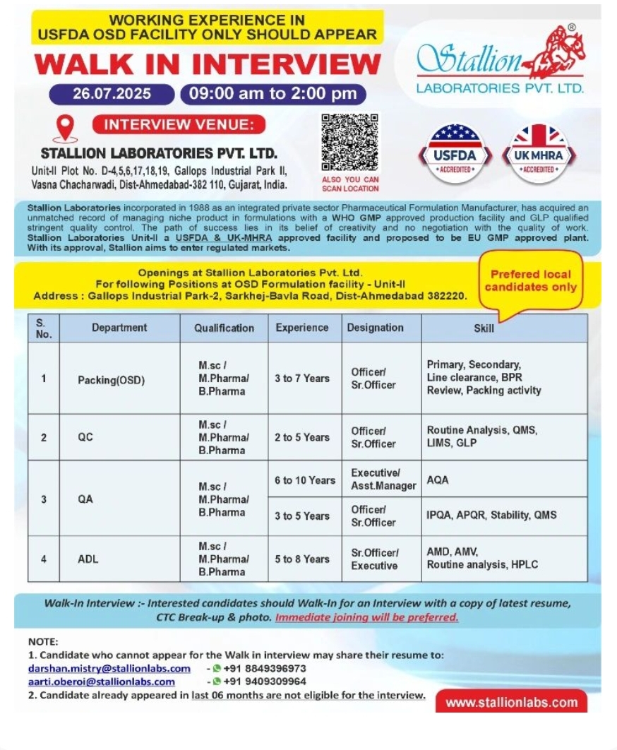 Job Opening at Stallion Laboratories – pharma jobs Walk-In 26 July 2025