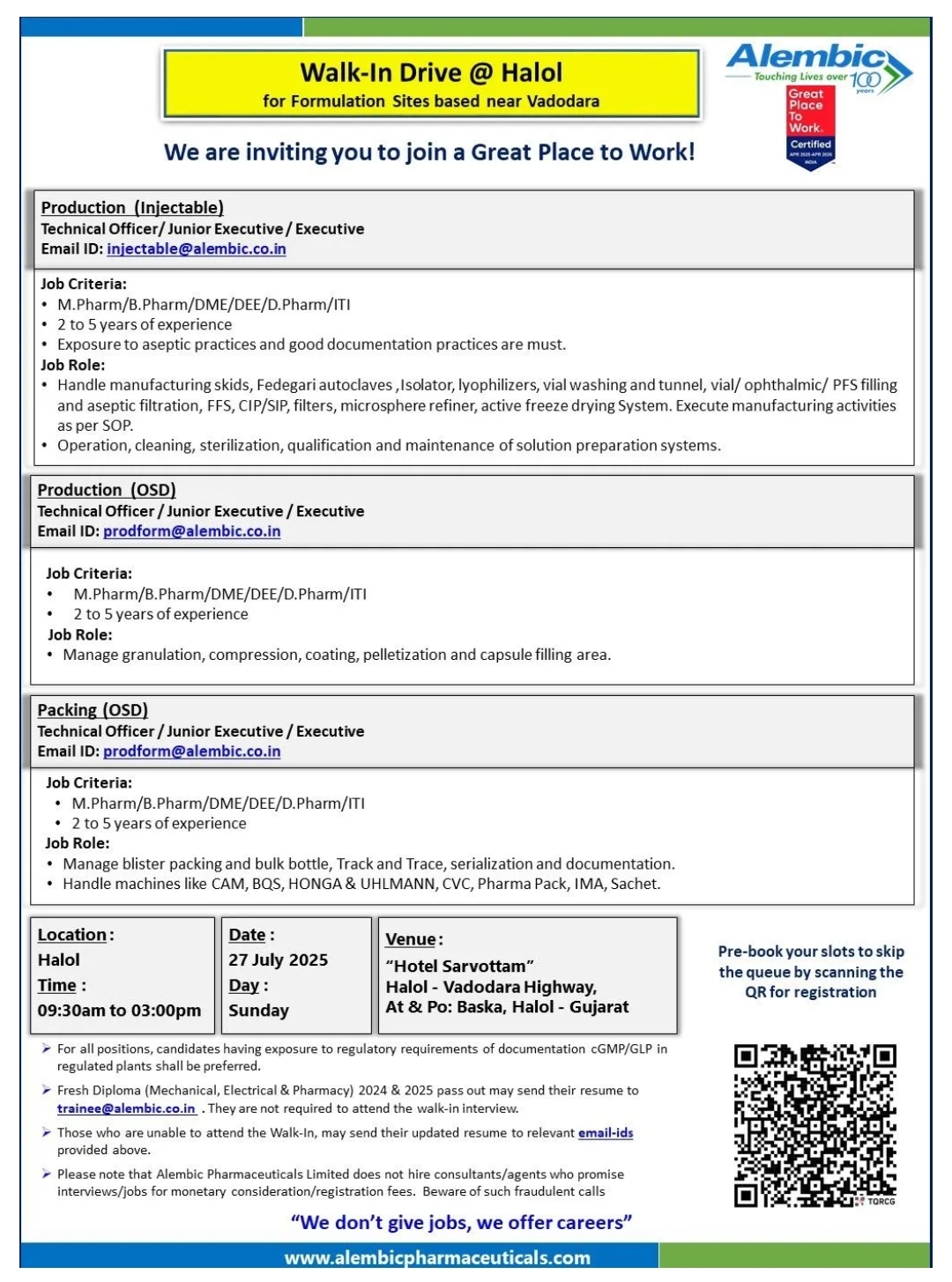 Job Opening at Alembic Pharmaceuticals
