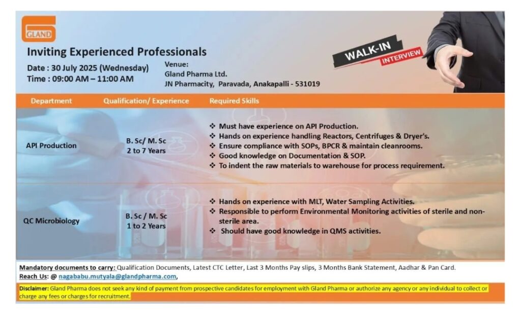 Job Opening at Gland Pharma