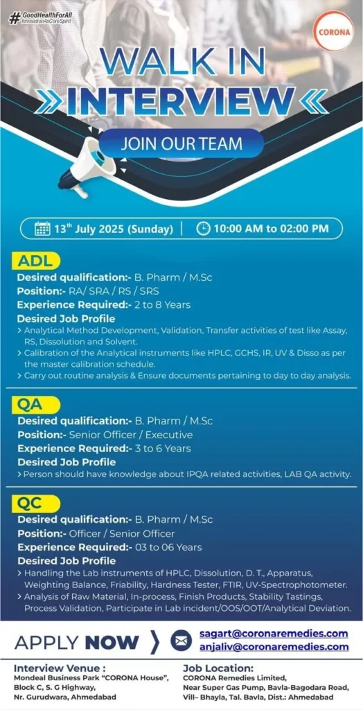 CORONA pharma jobs Opportunity