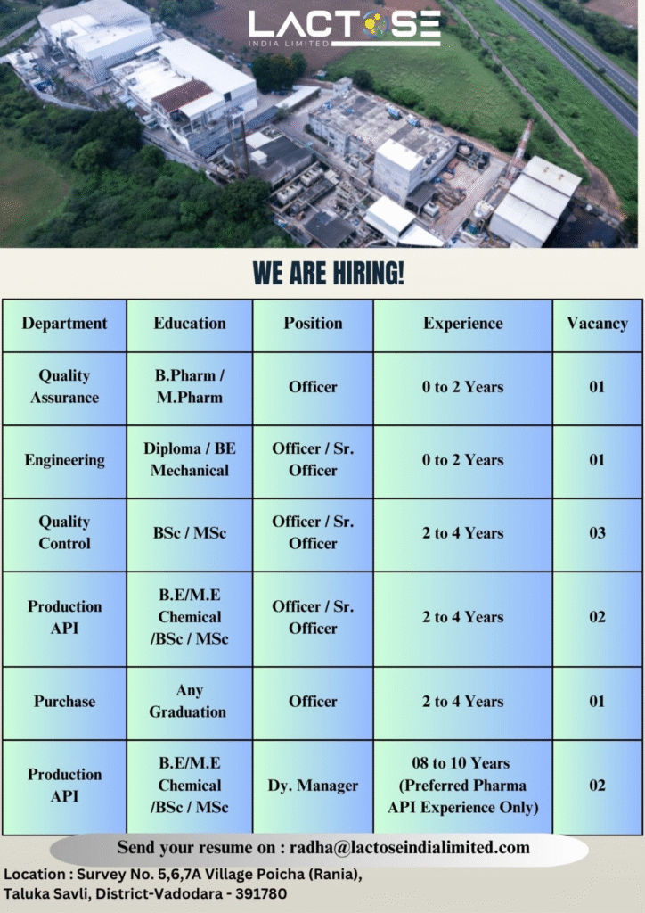 Job opening at Lactose India Limited | pharma jobs