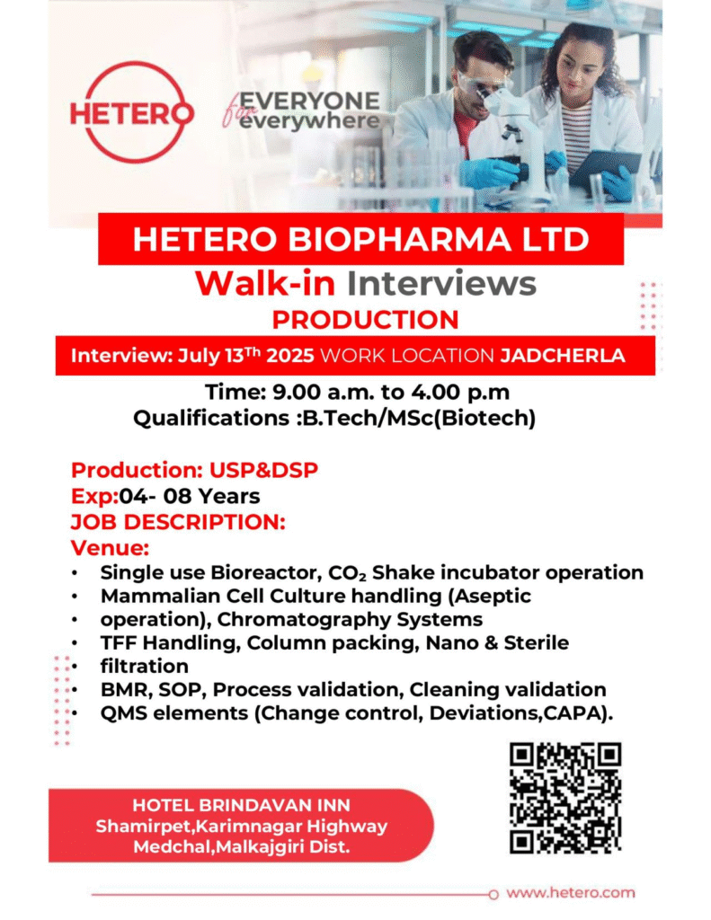 Job Opening at Hetero Biopharma – pharma jobs for B.Tech/MSc in Production