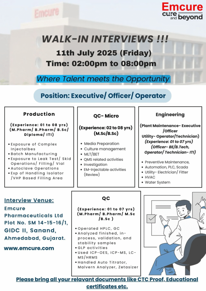 Emcure pharma jobs for Production, QC, Engineering 