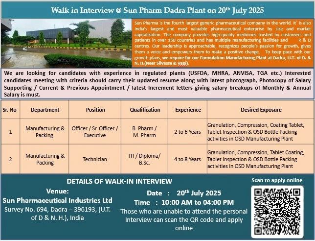 Sun Pharma pharma jobs hiring now – Apply Today